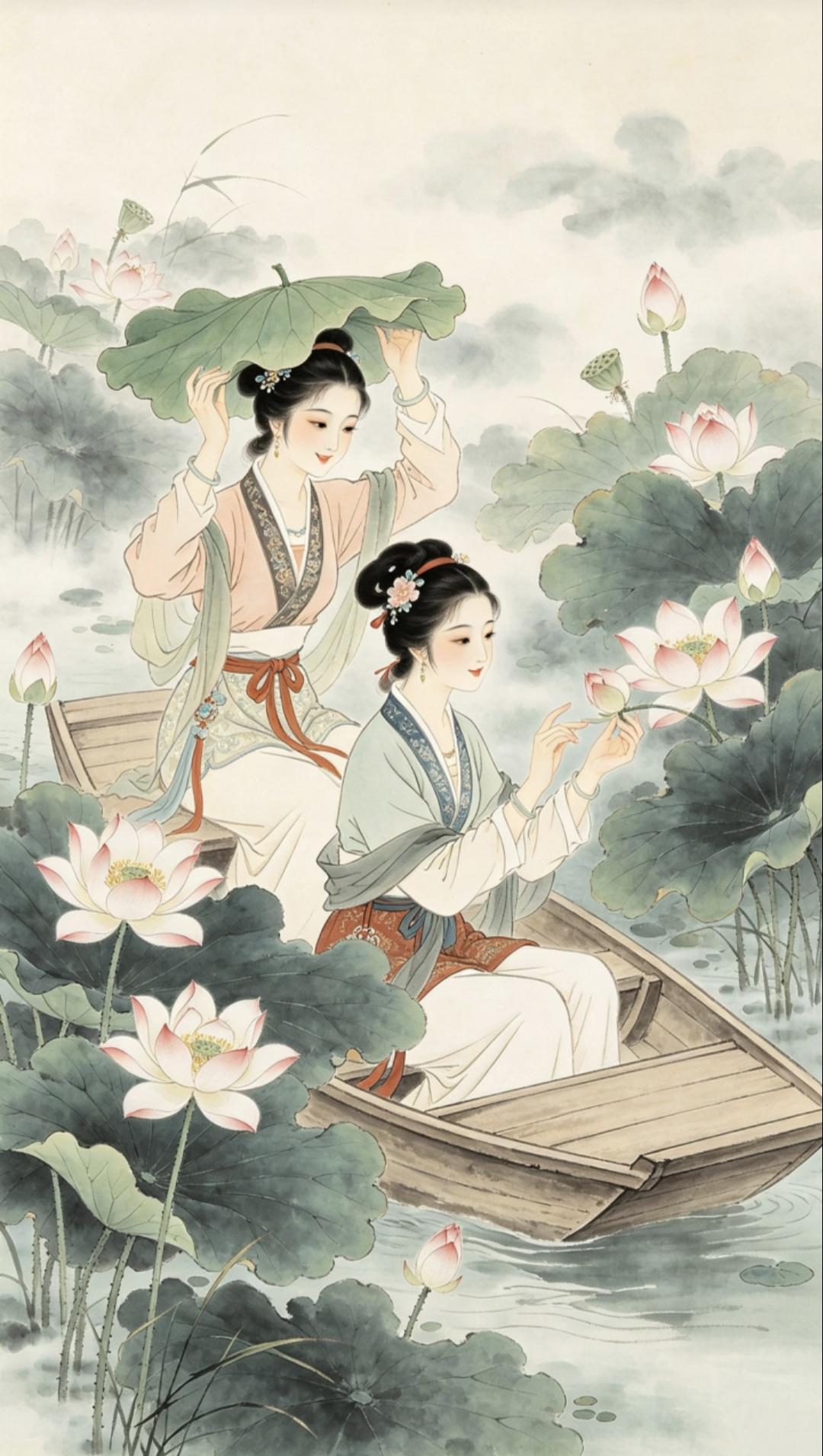 “芙蓉向脸两边开‌，乱入池中看不见…”
荷叶当伞，莲花作伴，两位佳人泛舟湖上，笑