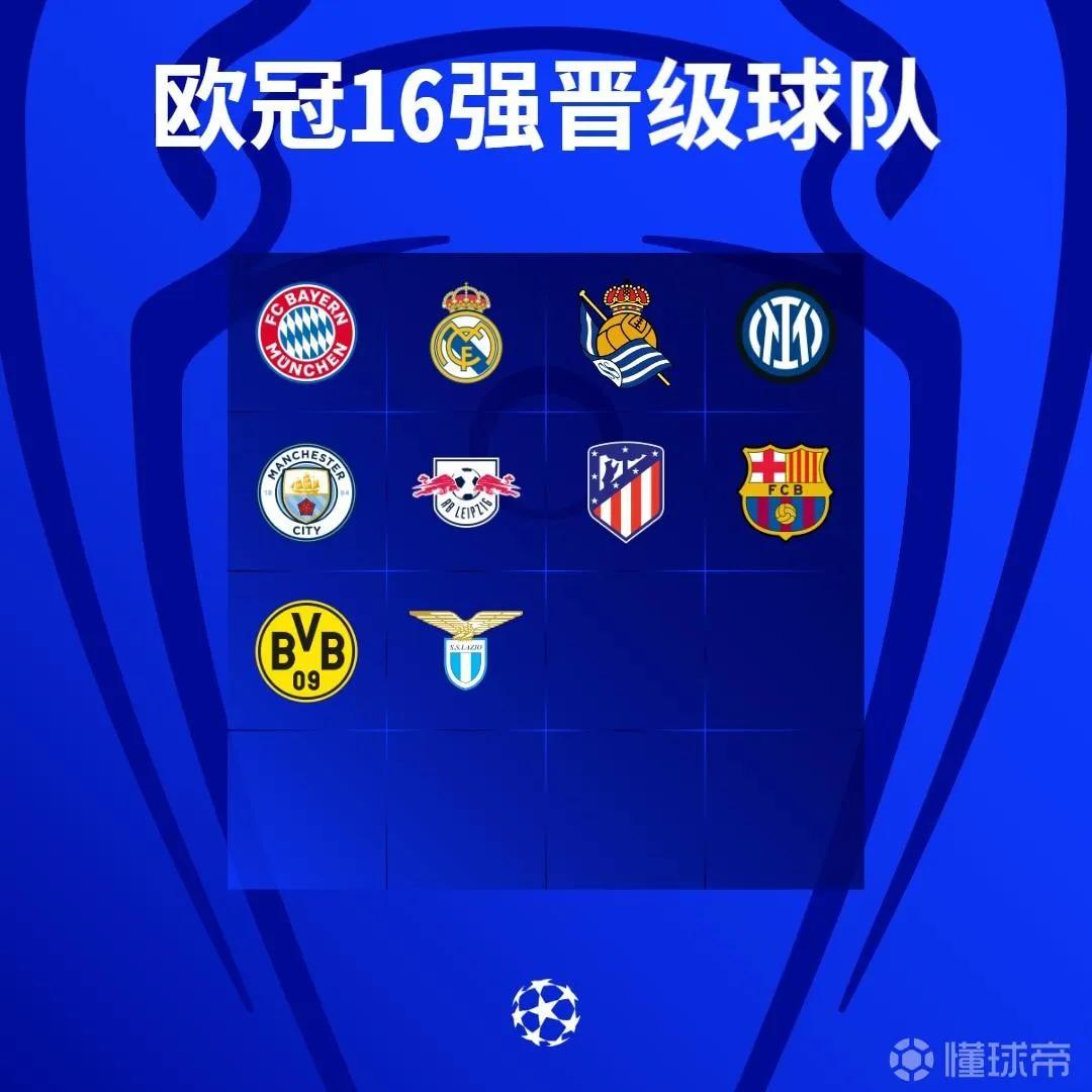 欧冠16强目前已产生10队。
西甲：皇马、巴萨、马竞、皇家社会
英超：曼城
德甲