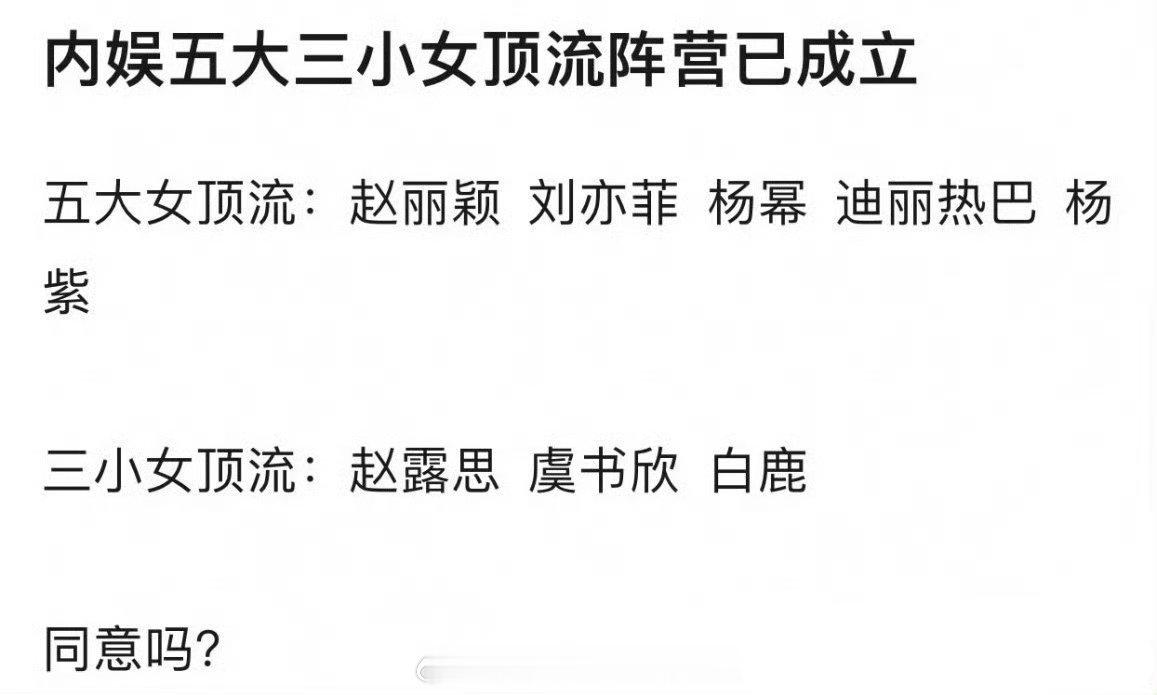 网友评内娱五大三小女流流量，同意吗？五大女顶流:赵丽颖，刘亦菲，杨幂，迪丽热巴，