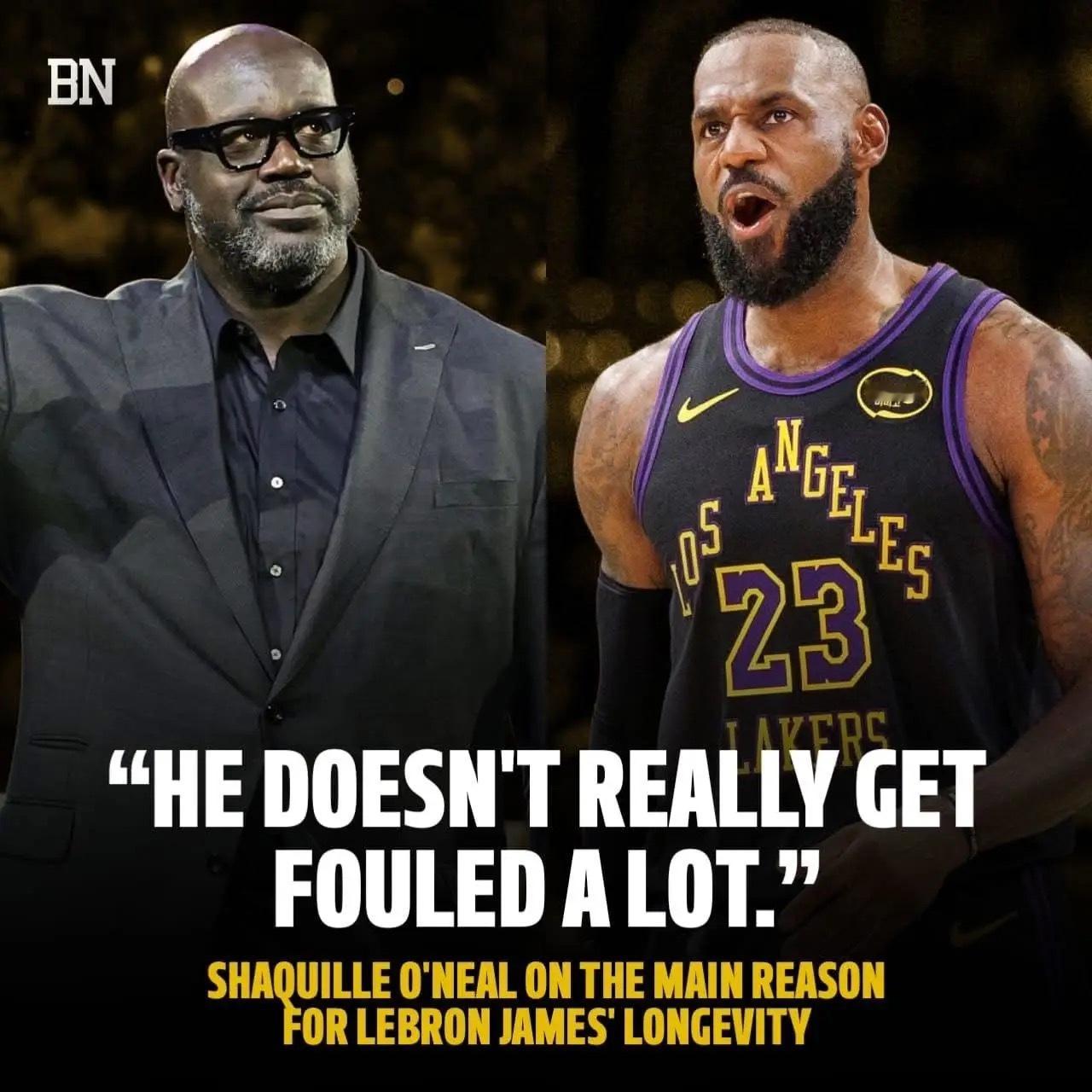 奥尼尔关于詹姆斯的职业生涯能维持这么长久的原因：“他确实没什么遭受到恶意犯规。”