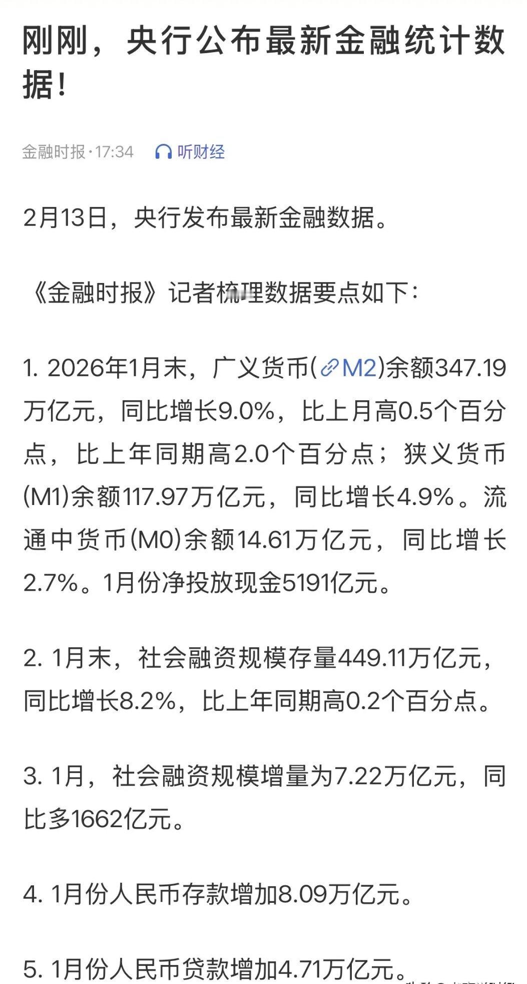 重磅利好消息1月社会融资规模和M2较快增长，A股节后继续大涨：春节节后慢牛可期！