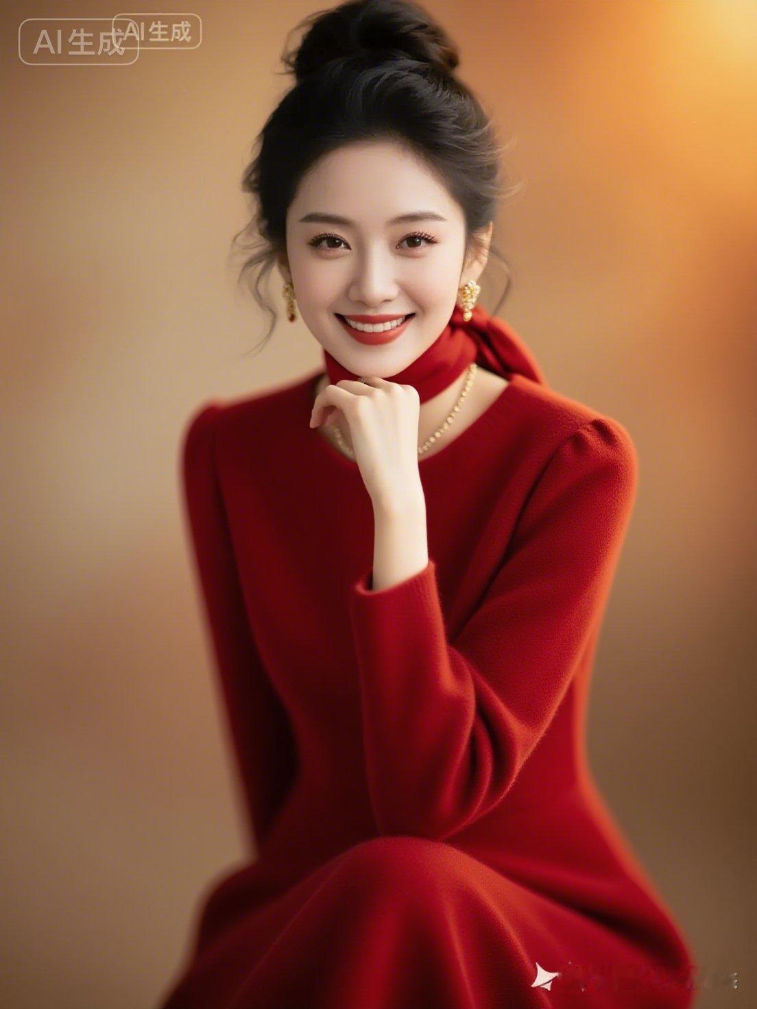 绝色美人着红色羊绒连衣裙，精致盘发系丝巾，唇红齿白浅笑，配高档项链耳环，精致的尽