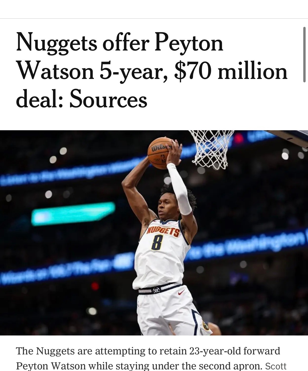 The Athletic：掘金已经给沃特森开出5年7000万合同。联盟消息人士称