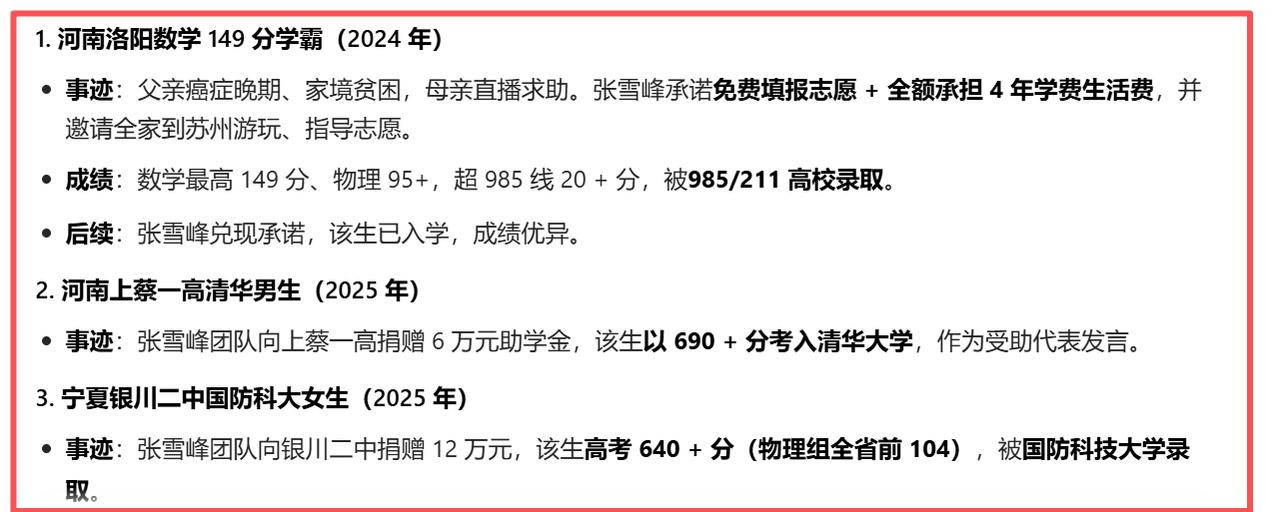 他们只是被公开的。
受张雪峰资助的远不止这些！
其中仅黑龙江籍2024 年就有 