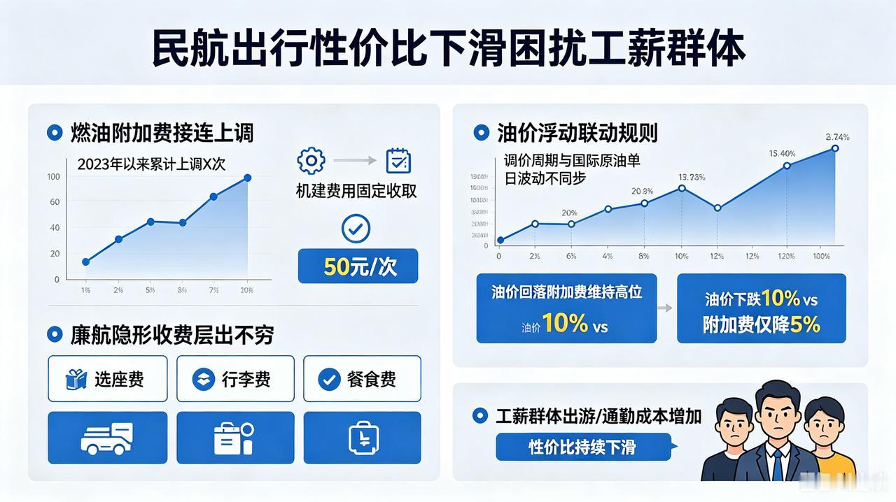 机票附加成本走高倒逼出行消费理性重构
 
燃油附加费接连上调、机建费用固定收取，
