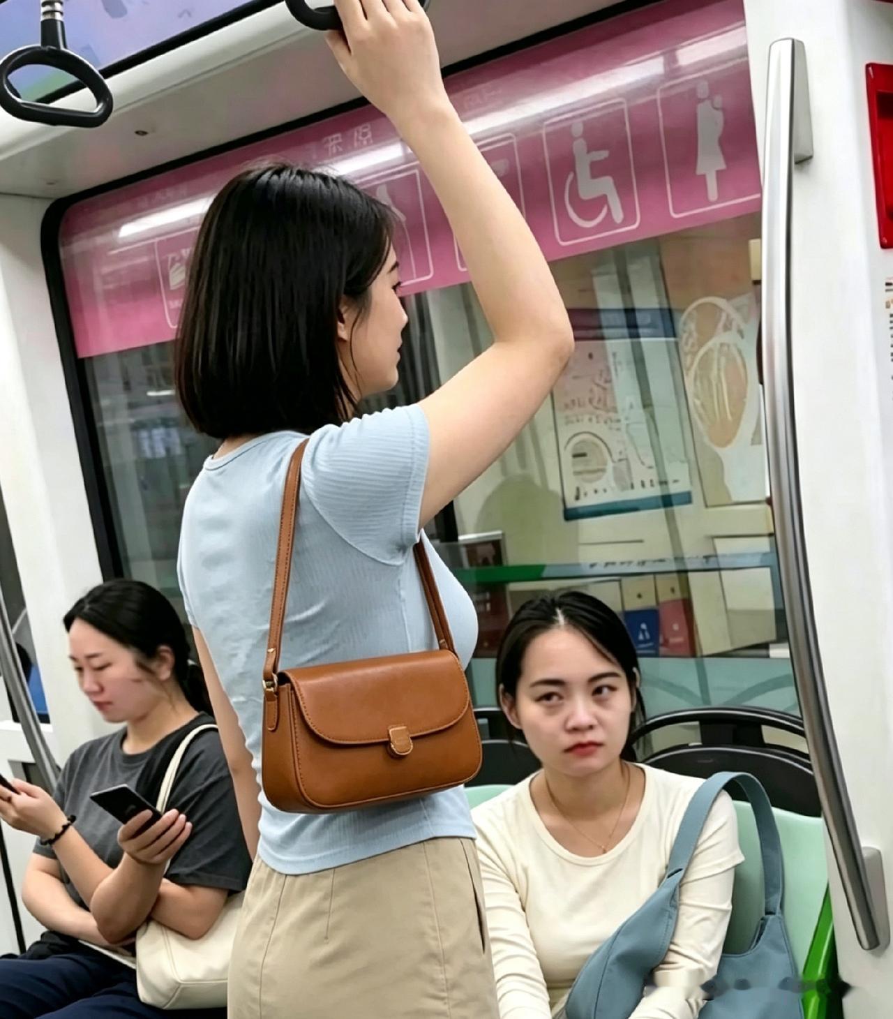 今早坐地铁碰到有意思的一幕，座位上的女生一直盯着身旁站着的姑娘，眼神看得人捉摸不