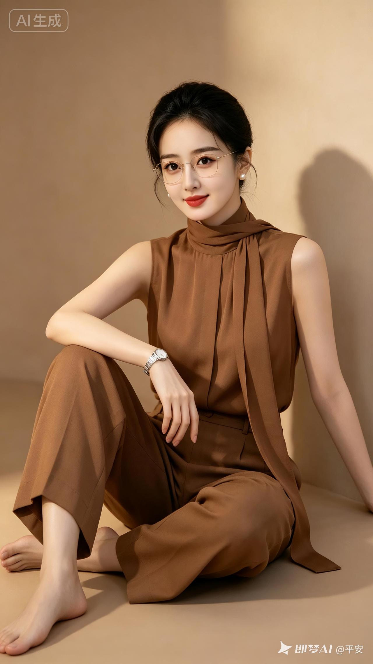 女子乌发梳得整洁，珍珠耳环、细框眼镜与银表点缀。棕色无袖高领上衣配同色阔腿裤，赤