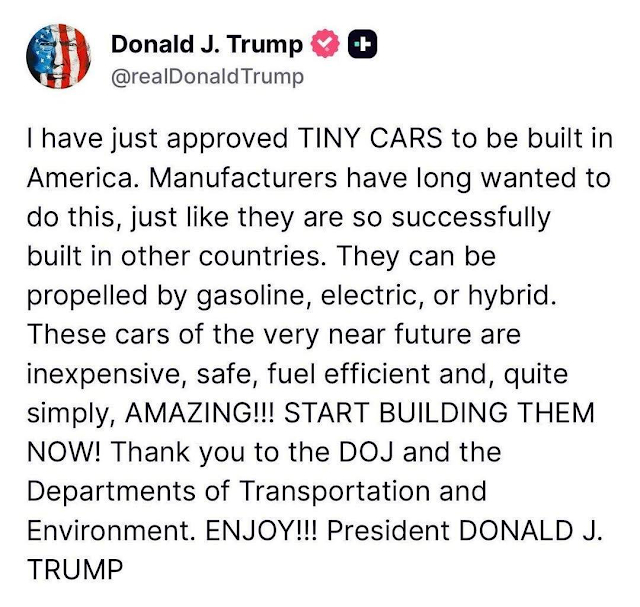 特朗普要在美国造小型车 懂王社媒治国动态：“我刚刚批准在美国制造“小汽车”（TI