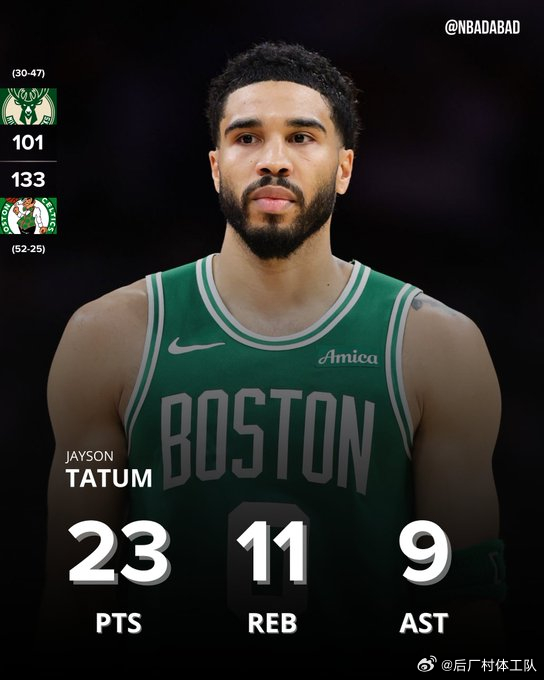凯尔特人战胜雄鹿 塔图姆4月份前两场比赛：对热火25分18篮板11助攻；对雄鹿2