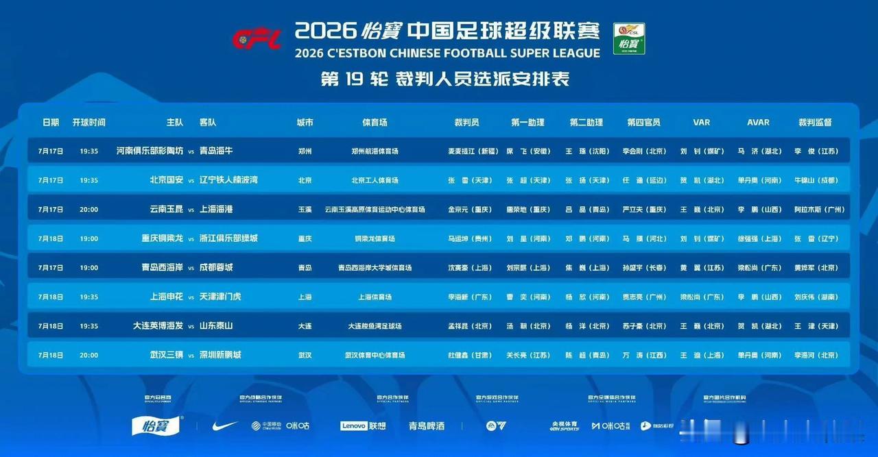 【裁判安排】
2026怡宝中国足球超级联赛第19轮
青岛西海岸 v 成都蓉城
主