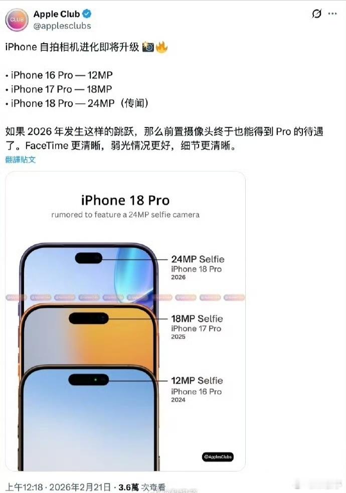 iPhone18Pro像素前瞻iPhone18Pro自拍相机大升级，提升至240