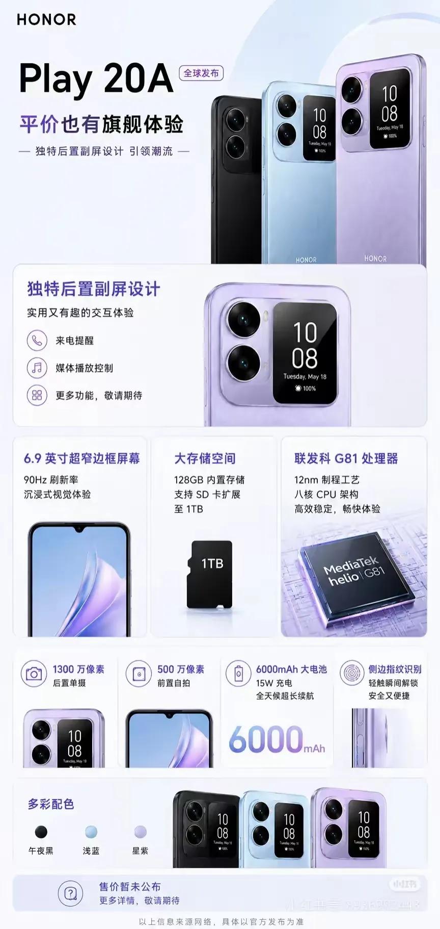 荣耀Play 20A海外发布！入门机也安排上后置副屏，荣耀近期在海外推出入门新机