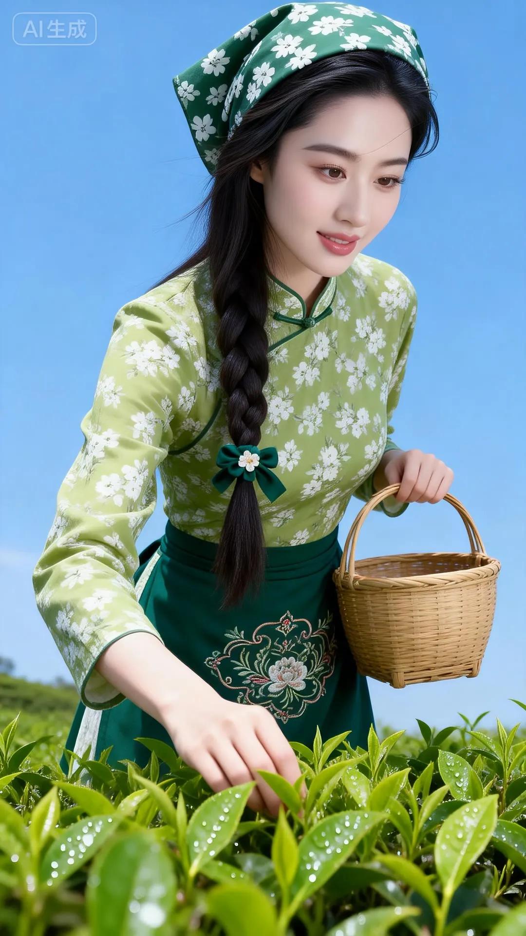 茶园采茶少女，绿意盎然，清新自然！