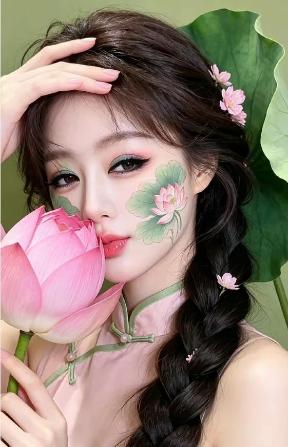 文笔挑战
上联：颊绽莲花妆玉面
下联：丹寇一抹樱桃红