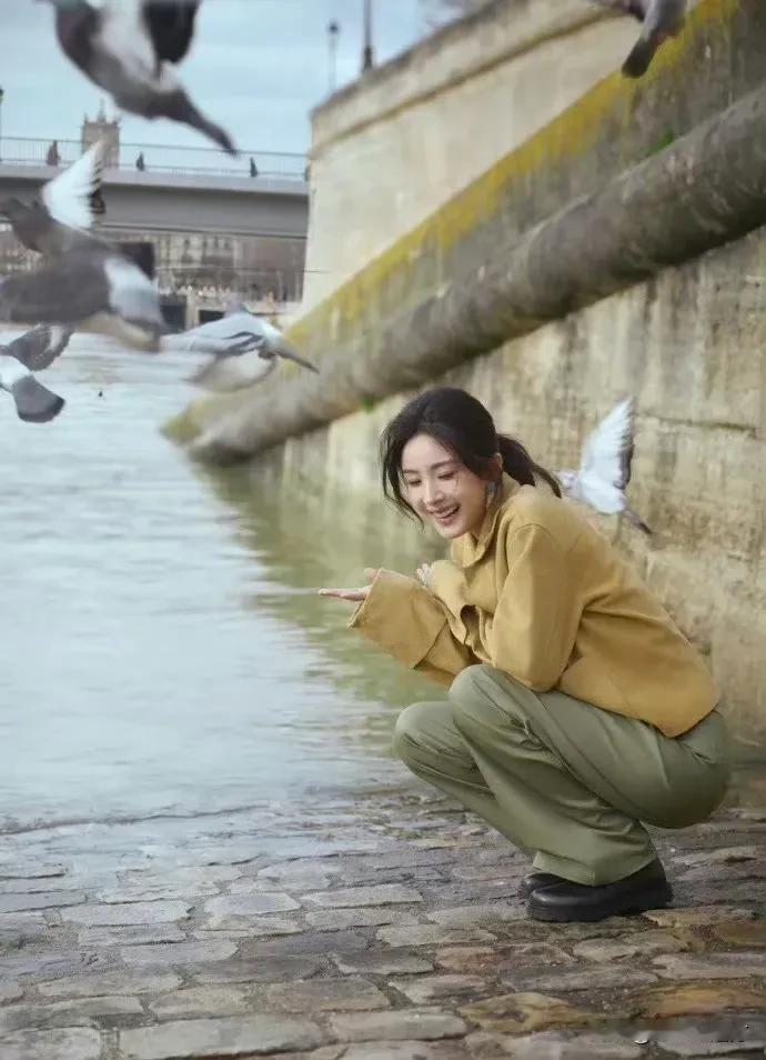 杨幂近照，站在河畔看着鸽子清秀温婉！
#杨幂美照#