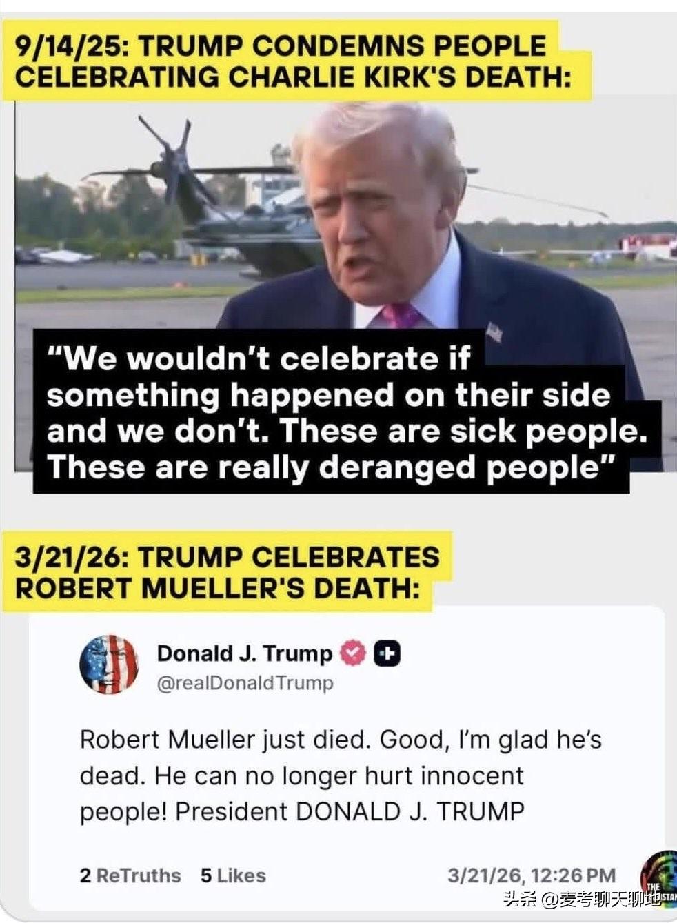 美国前特别检察官罗伯特·穆勒去世了，特朗普却在社交媒体上写道，他对此感到“高兴”