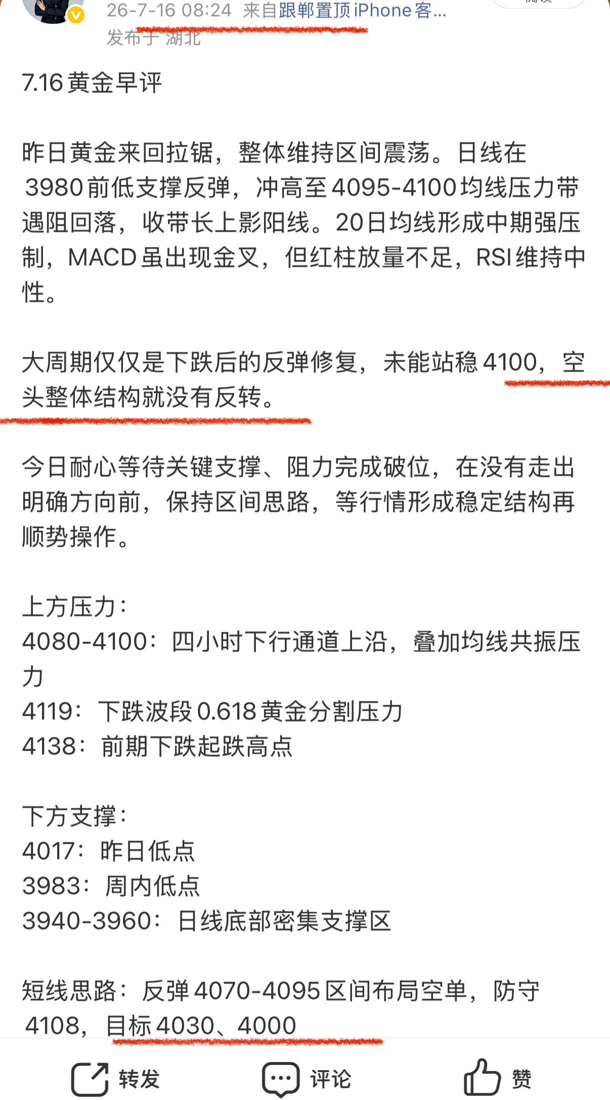 早间空头思路兑现  60附近高空触及目标4030收割三十點现货黄金金价黄金伦敦金
