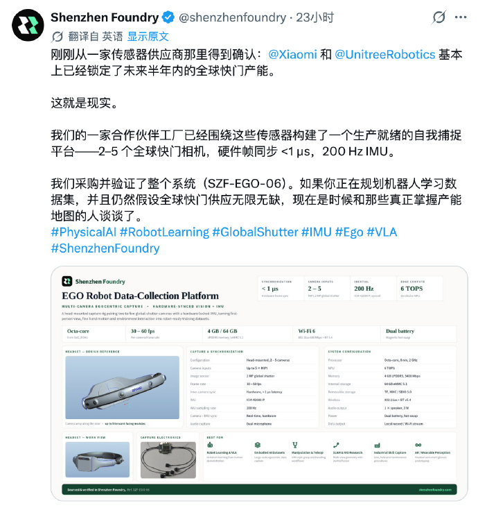 这条信息有意思，已加入到了观察名单。全局快门（Global Shutter）是C