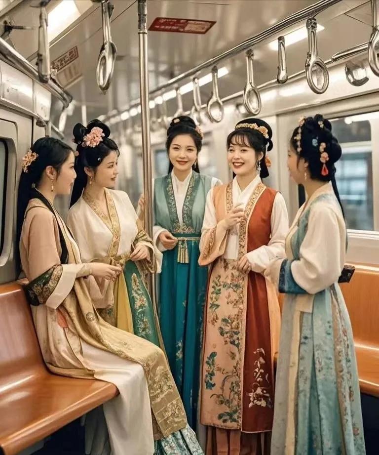 一组古装美人坐地铁