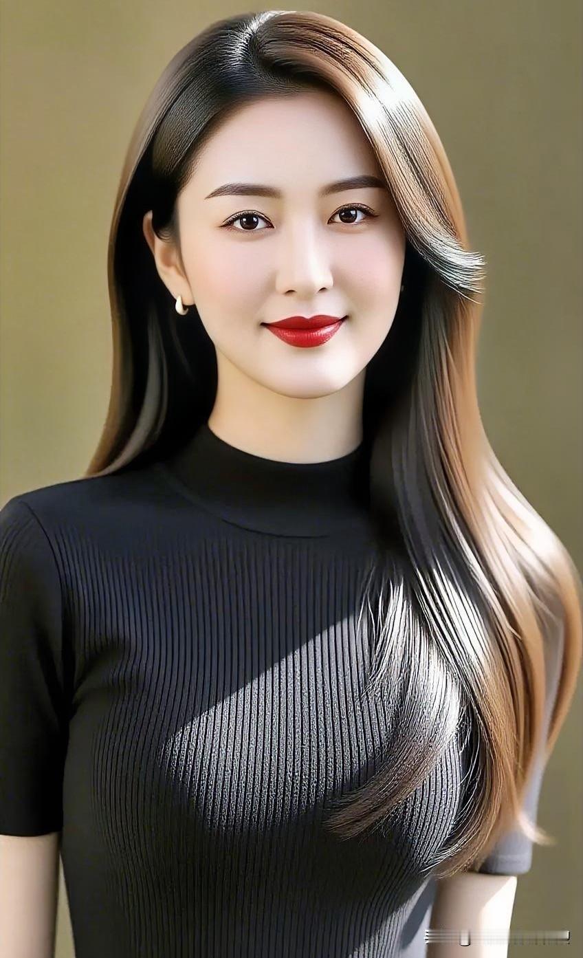 光影流转于乌发与黑色针织之间，勾勒出优雅的轮廓。明眸浅笑，温婉从容，尽显静谧之美