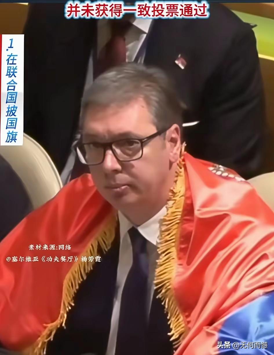 第一张是联合国会议上，他披着国旗、面色凝重地坐着。当时科索沃申请加入联合国，他坚
