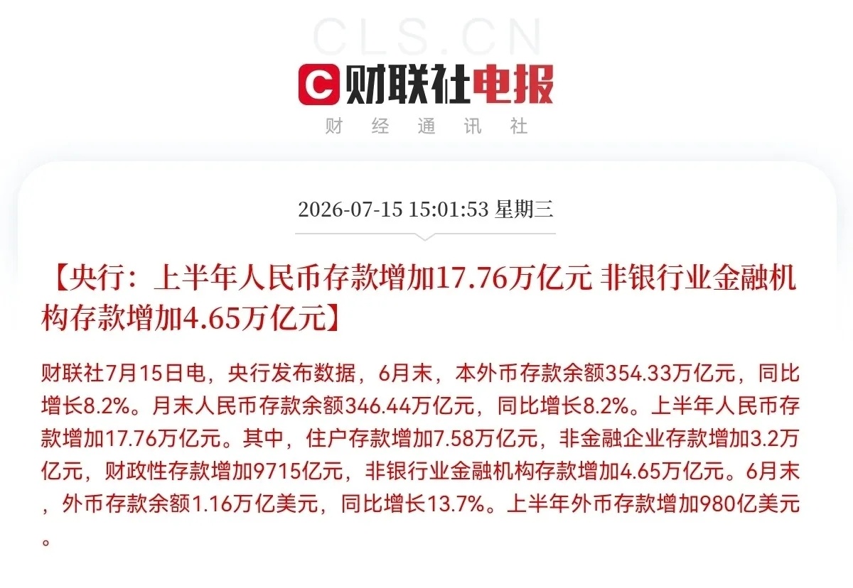 重磅！重磅消息！央行的最新存款数据来了:  上半年人民币存款又增加了17.76万