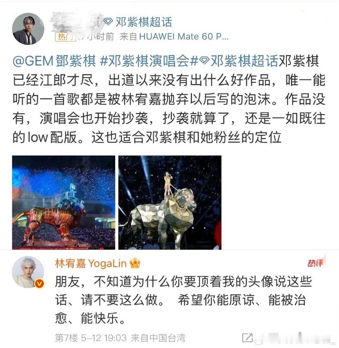林宥嘉评论邓紫棋黑粉一位头像为林宥嘉的网友发表有关邓紫棋“江郎才尽”等负面评论林