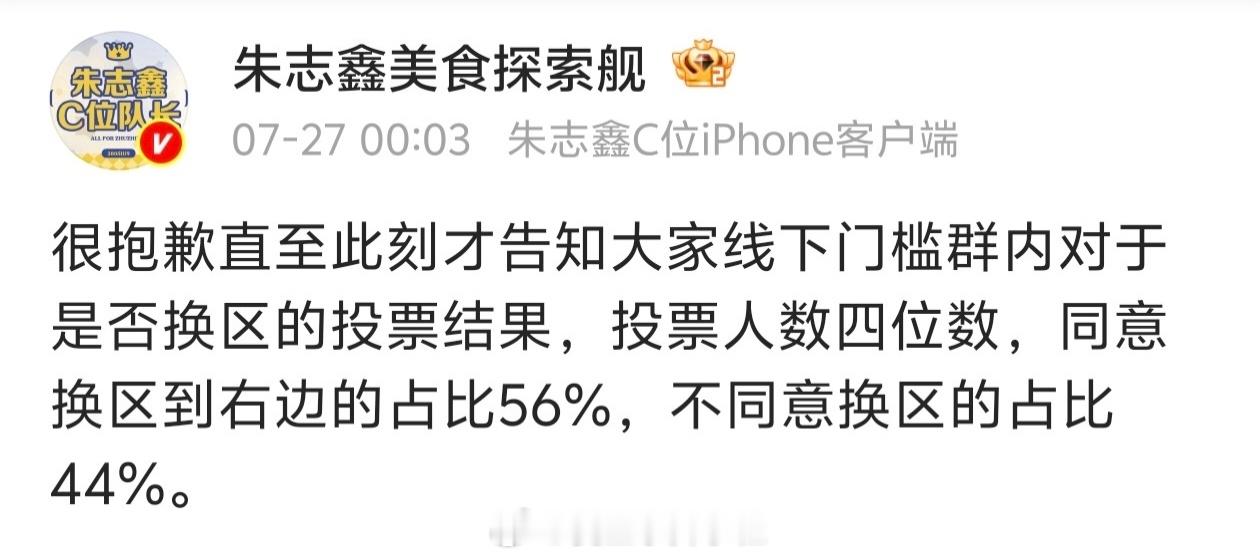 朱志鑫主攻区换区 tg说投票56%比44%，也就骗骗小粉丝压根就没投票，都是sj