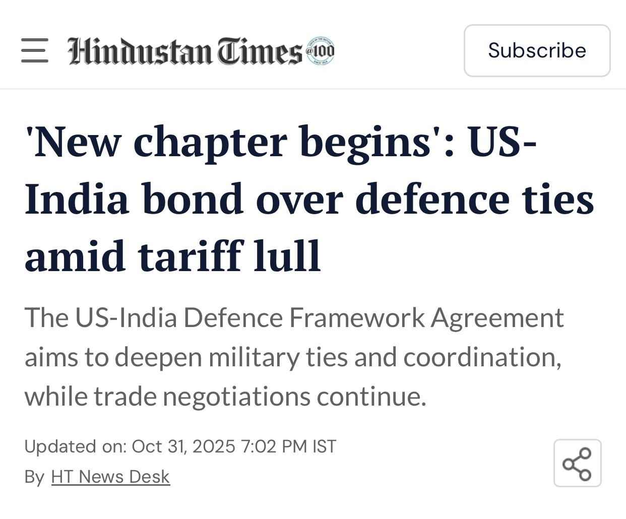 印媒：印美签署十年防务合作框架协议

印度《印度斯坦时报》官网10月31日报道：