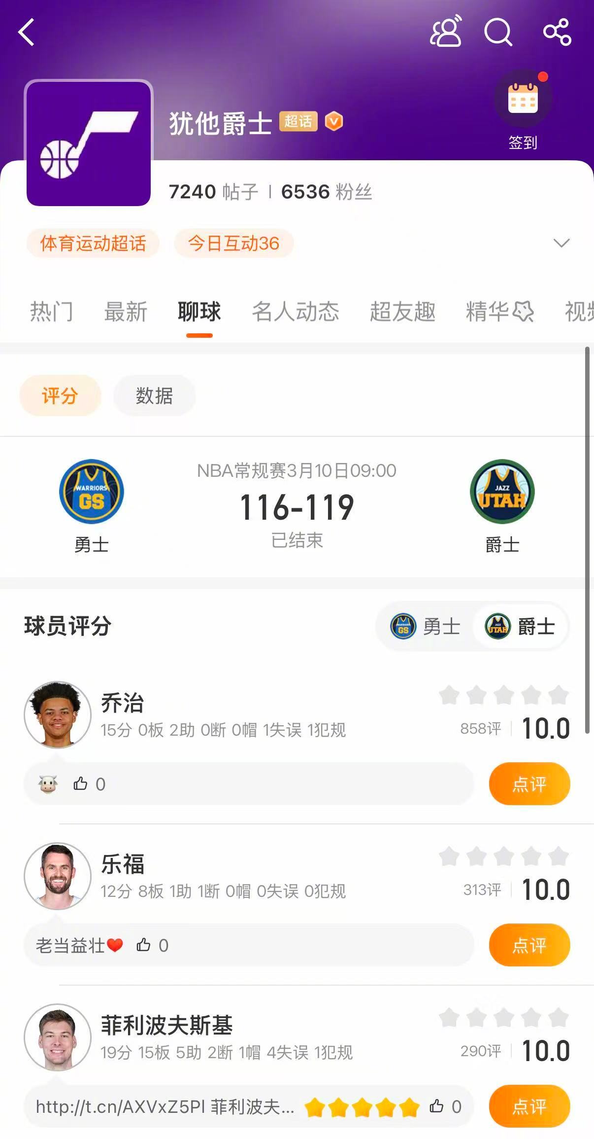 爵士战胜勇士 爵士119-116险胜勇士，森萨博21分，菲利波夫斯基19分，乔治