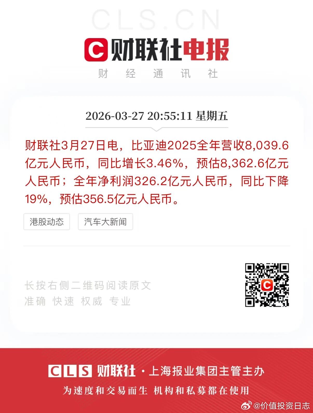 价值投资日志 比亚迪：2025全年营收8039.6亿元，净利润326.2亿元据财
