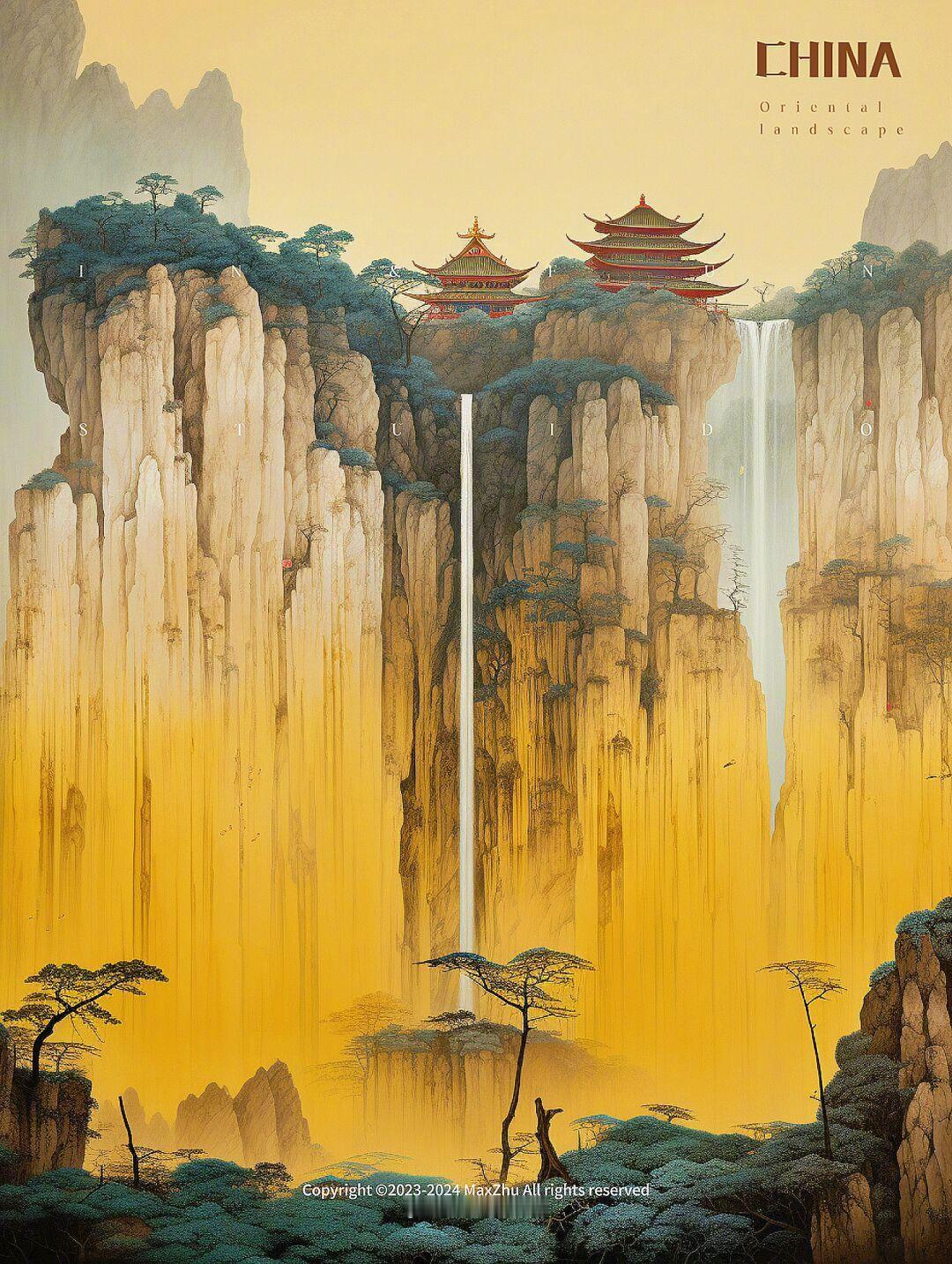 金色国风古建筑插画 