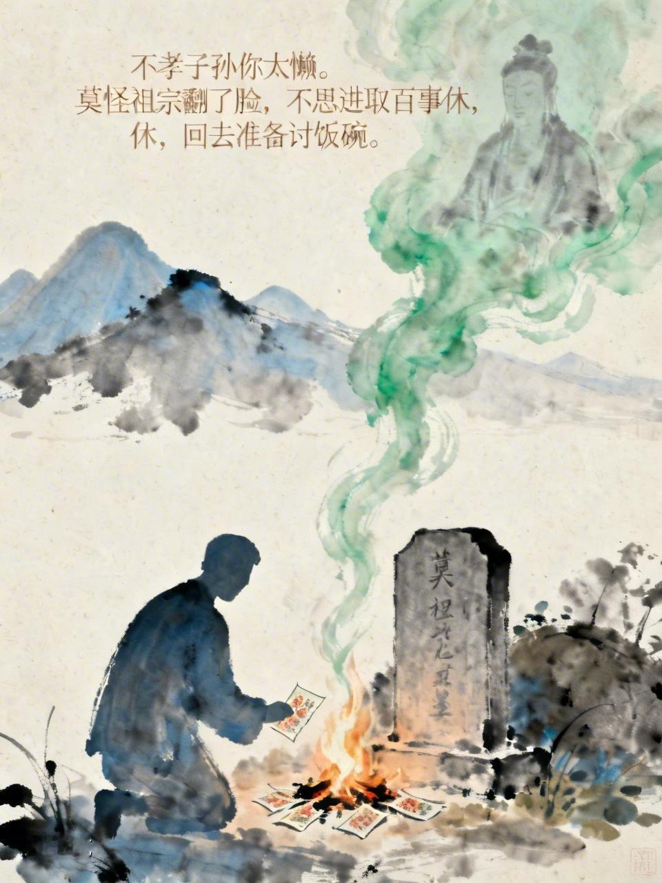 祖宗发怒了
    清明节，有一对好逸恶劳的夫妻去给祖宗上坟。焚烧纸钱时，他们抱