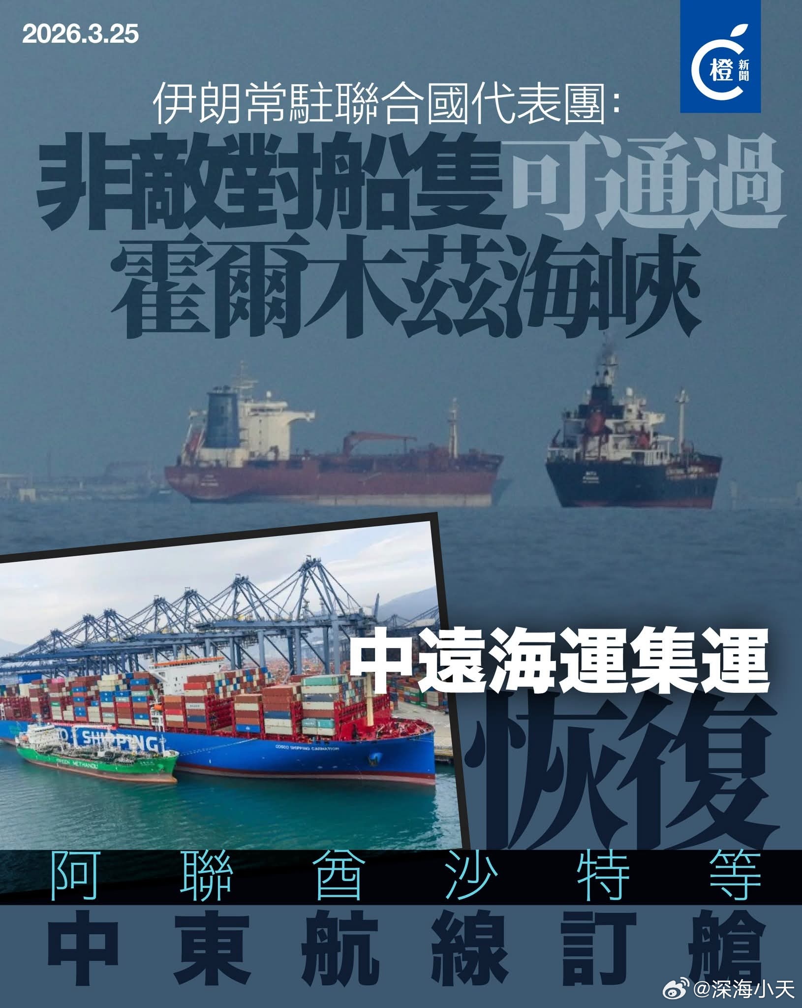 中远海运集运今日（25日）发布通知称，即日起恢复远东至中东地区部分国家的新订舱业