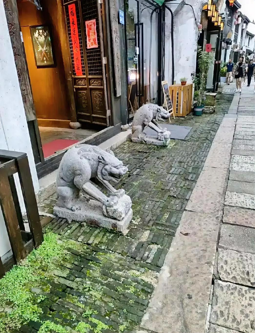 路过一个门口，看到摆着一对石狮子。但是一点也不威风，弓着腰低着头，感觉有点像非洲