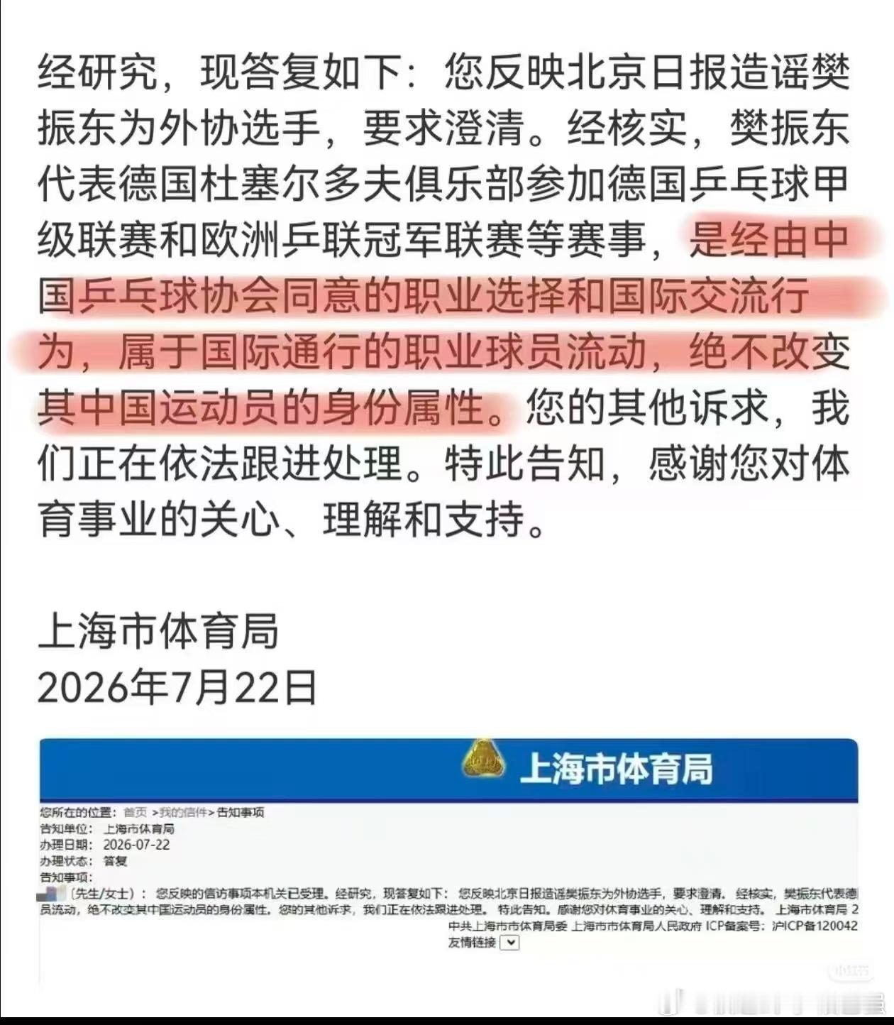 樊振东  怎么可能是外协呢？以下为官方回复；上海体育局回复：樊振东代表德国杜塞尔