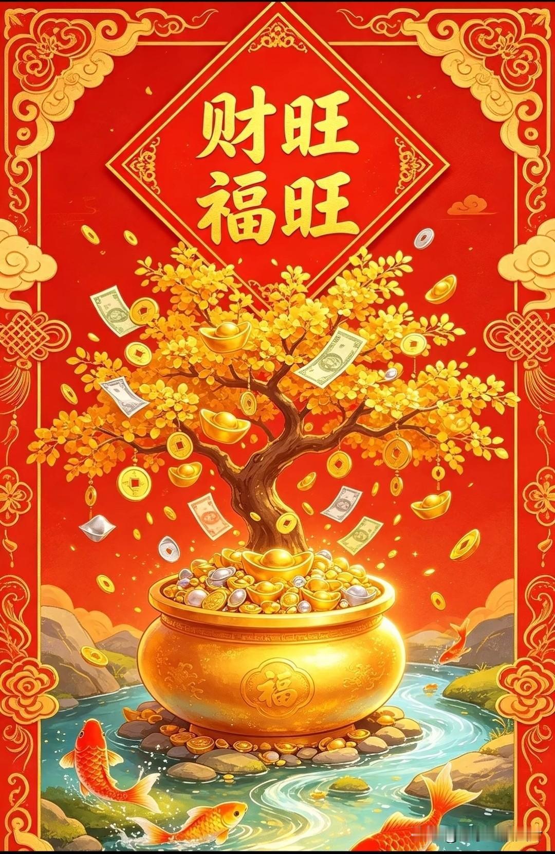 摇钱树绽千重宝，
聚宝盆盈万贯财。