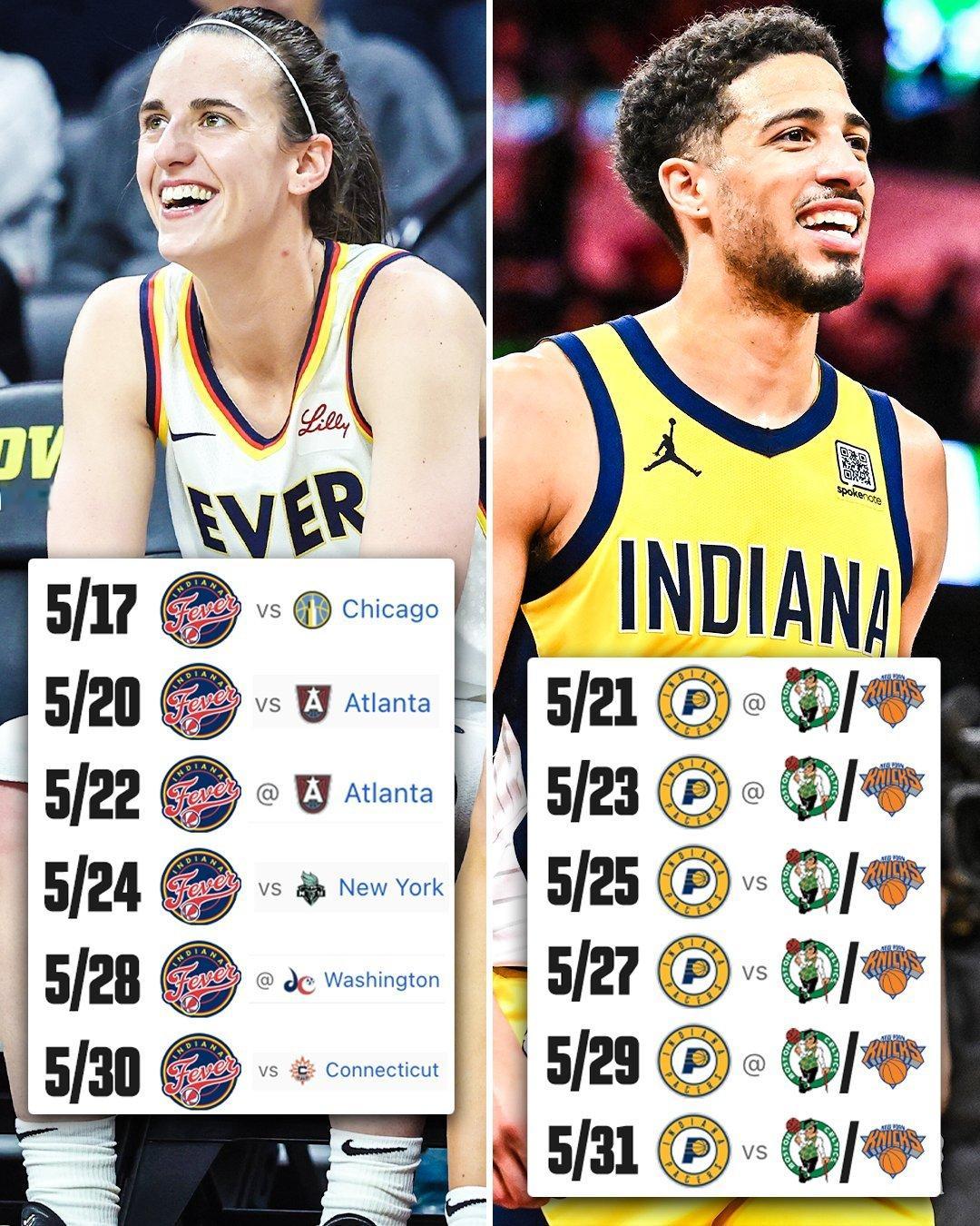 美记：来自印第安纳的NBA和WNBA球队今年五月剩下的时间几乎每天都有比赛！（一