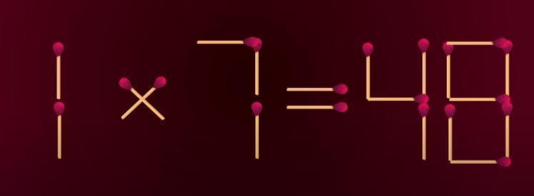 图中是用火柴棒组成的“1 × 7 = 48” ，这是个错误等式。现在有个有趣挑战