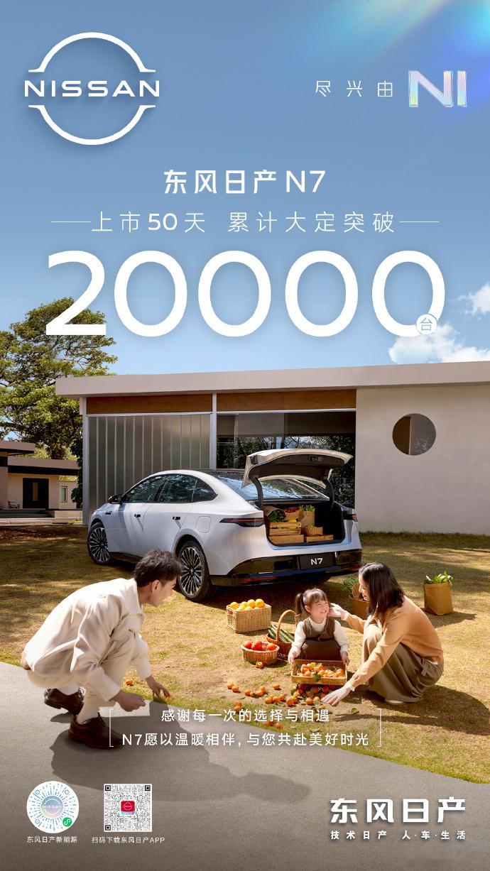 据官微发来战报，日产N7上市50天大定破20000台 。（东风日产N7于4月27