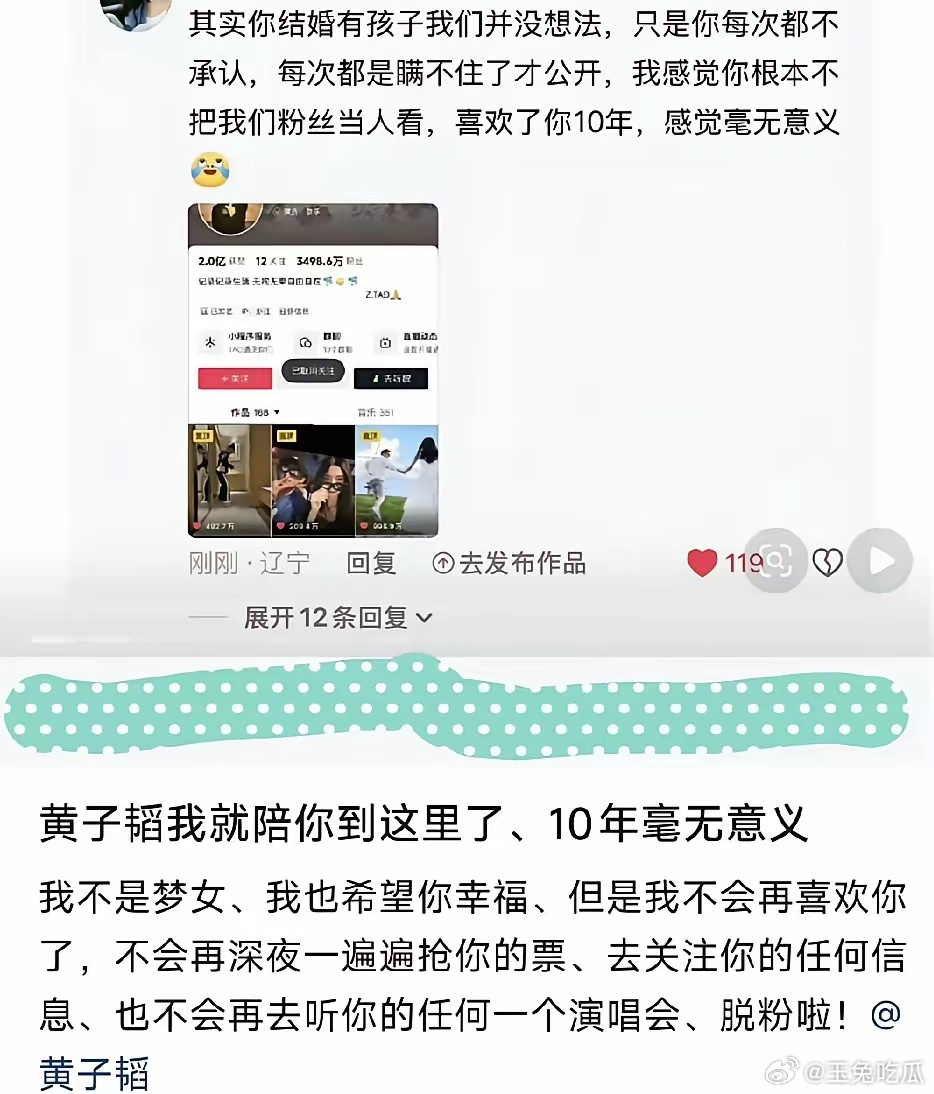 黄子韬官宣不到两天，十年粉丝发文，“黄子韬我就陪你到这里了，10年毫无意义。”粉