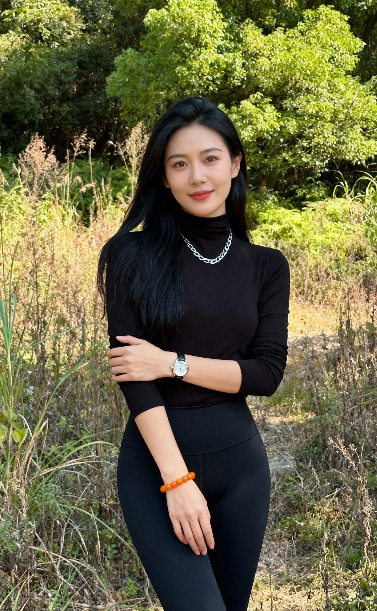 上联：乌发素姿临野径，银链映秋光
下联：黑衫玉腕倚疏影，橙珠点翠妆