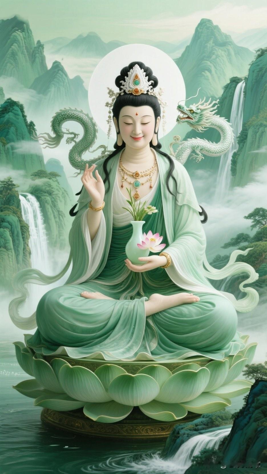鹧鸪天·观音坐像

翠岭云深隐梵宫，双龙护座水淙淙。
青衣垂地莲台稳，宝相庄严月