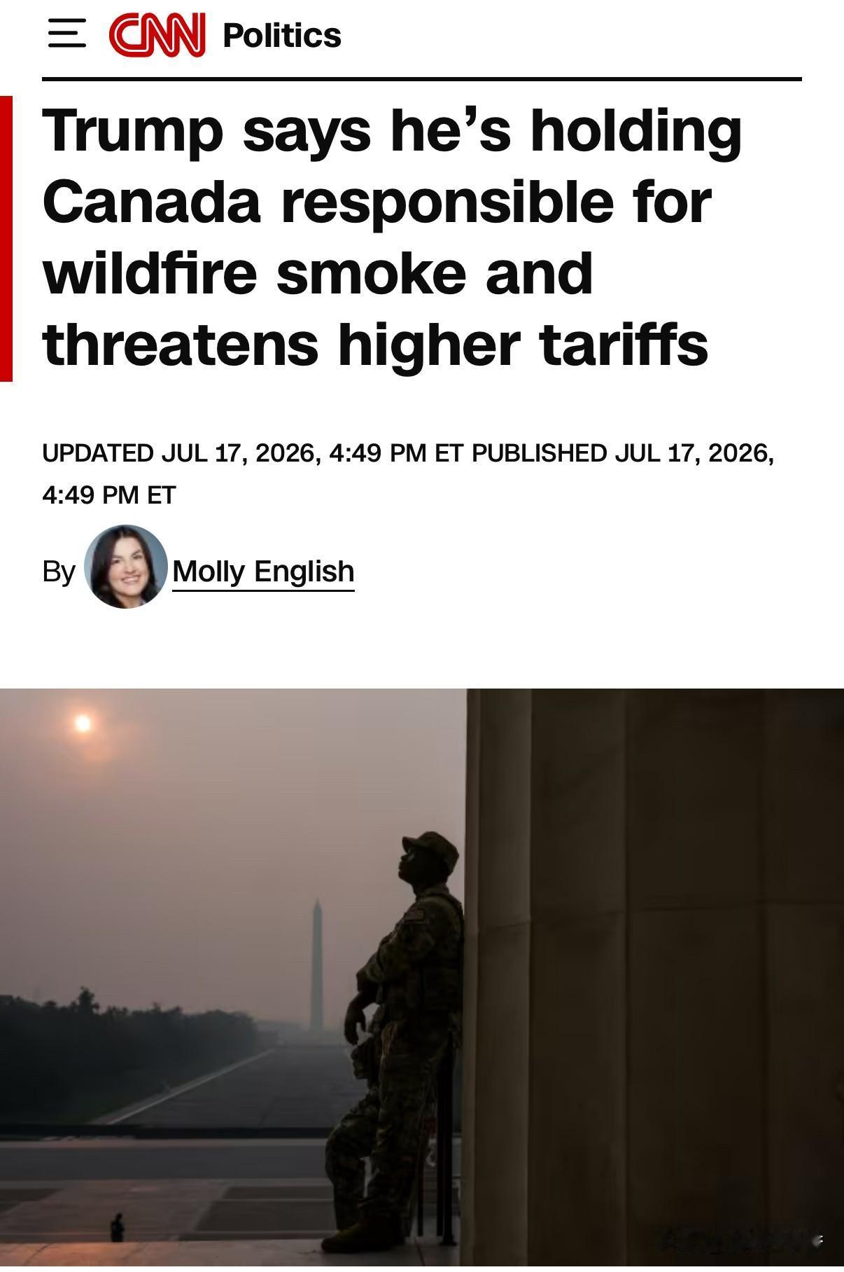 川普处理国家之间的问题，似乎仅剩下关税这个并不好用的工具了。
   加拿大野火蔓