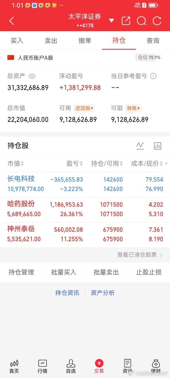 飞哥持仓复盘一、账户整体概况总仓位七成左右，留存充足闲置资金，账户整体大幅盈利，