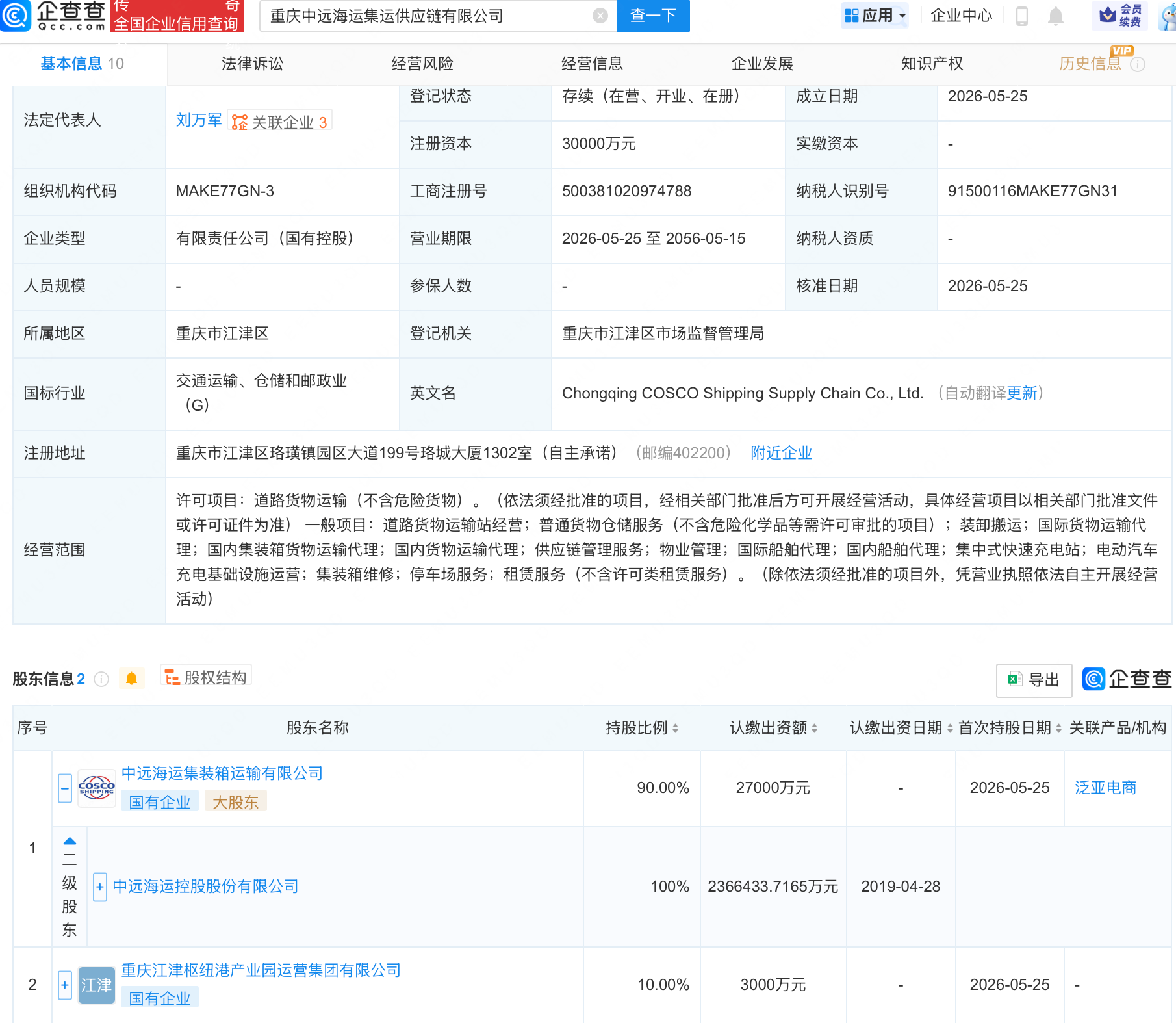 中远海控等在重庆成立供应链新公司