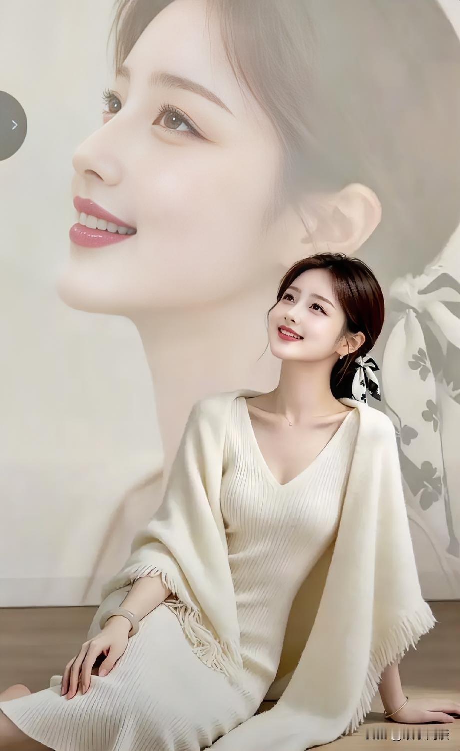 这姑娘坐在地上，微笑着看向一边。