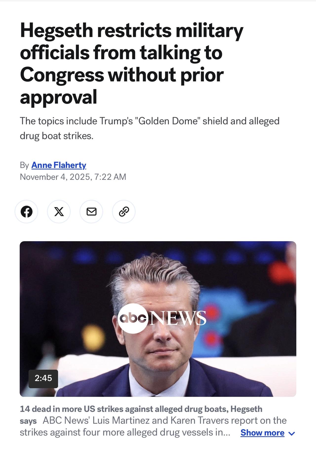 美国国防部长赫格塞斯Pete Hegseth下令，未经事先批准，国防人员不能再与