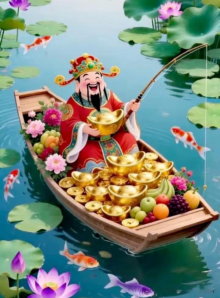 花船满载金银财，
财神送福进门来。