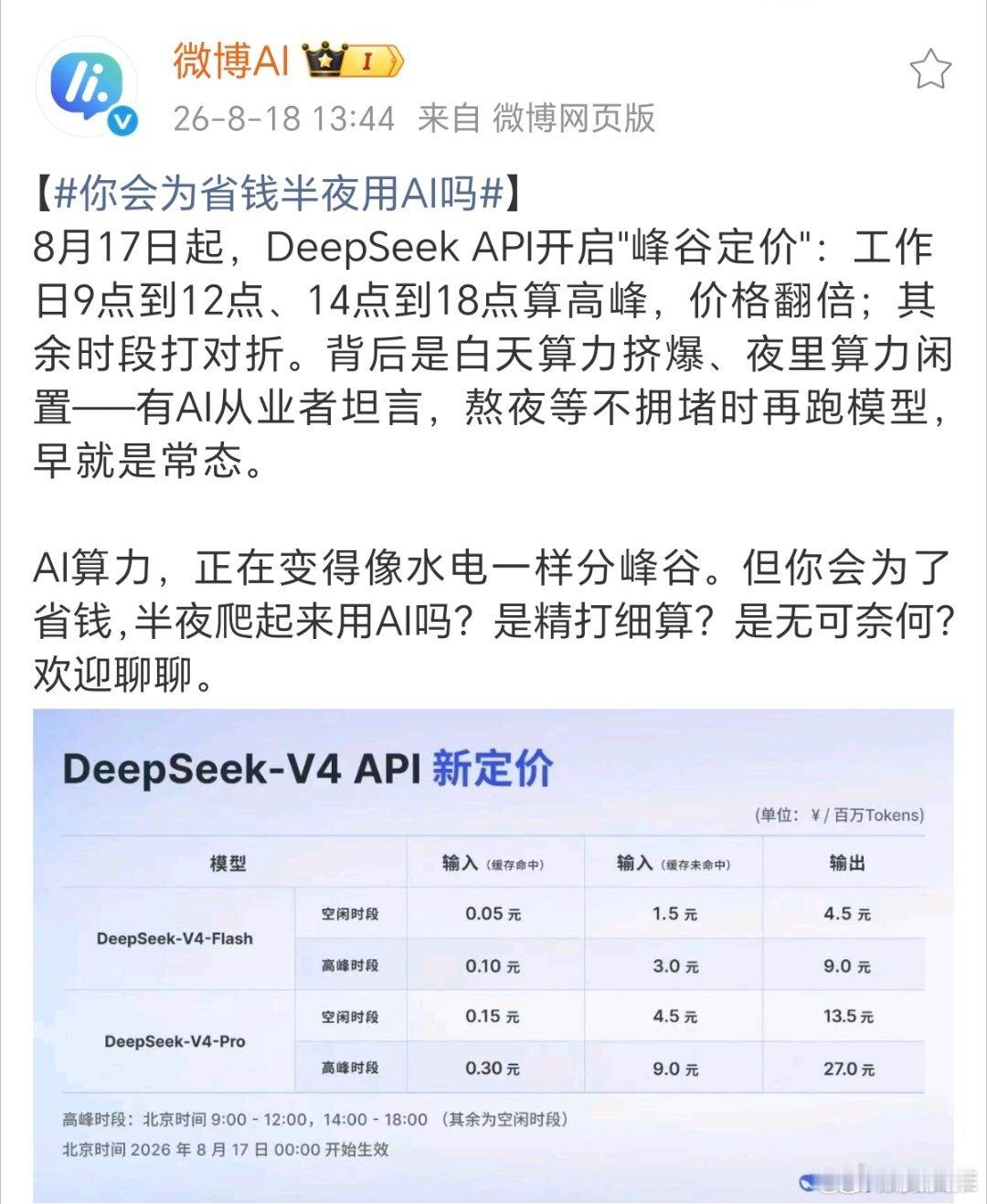 你会为省钱半夜用AI吗近日，DeepSeek API上线峰谷定价，工作日白天高峰